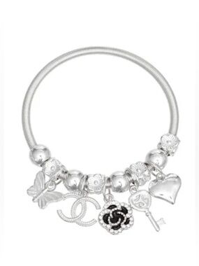 Silver Tone Charm Bracelet Floral Charm Stretch Bracelet Fashion Jewelry